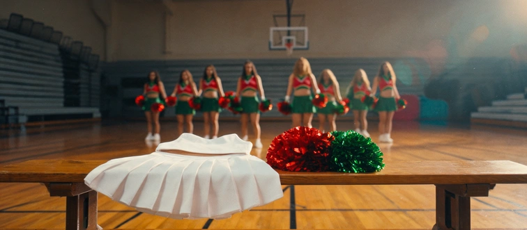 Which music video features a high school gym dance-off and a cheerleading squad with red-and-green outfits?