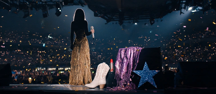 Which pop icon turned the stadium stage into a glittering, career-spanning spectacle with the Eras Tour?